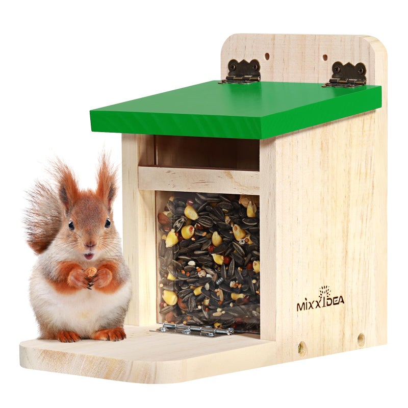 MIXXIDEA Squirrel Feeders for Outside Garden, Wooden Squirrel Feeder Box,Squirrel Feeding Stations with Green Cover, Easy to Fill Squirrel Feeding House(Green-1pk) - Image 1